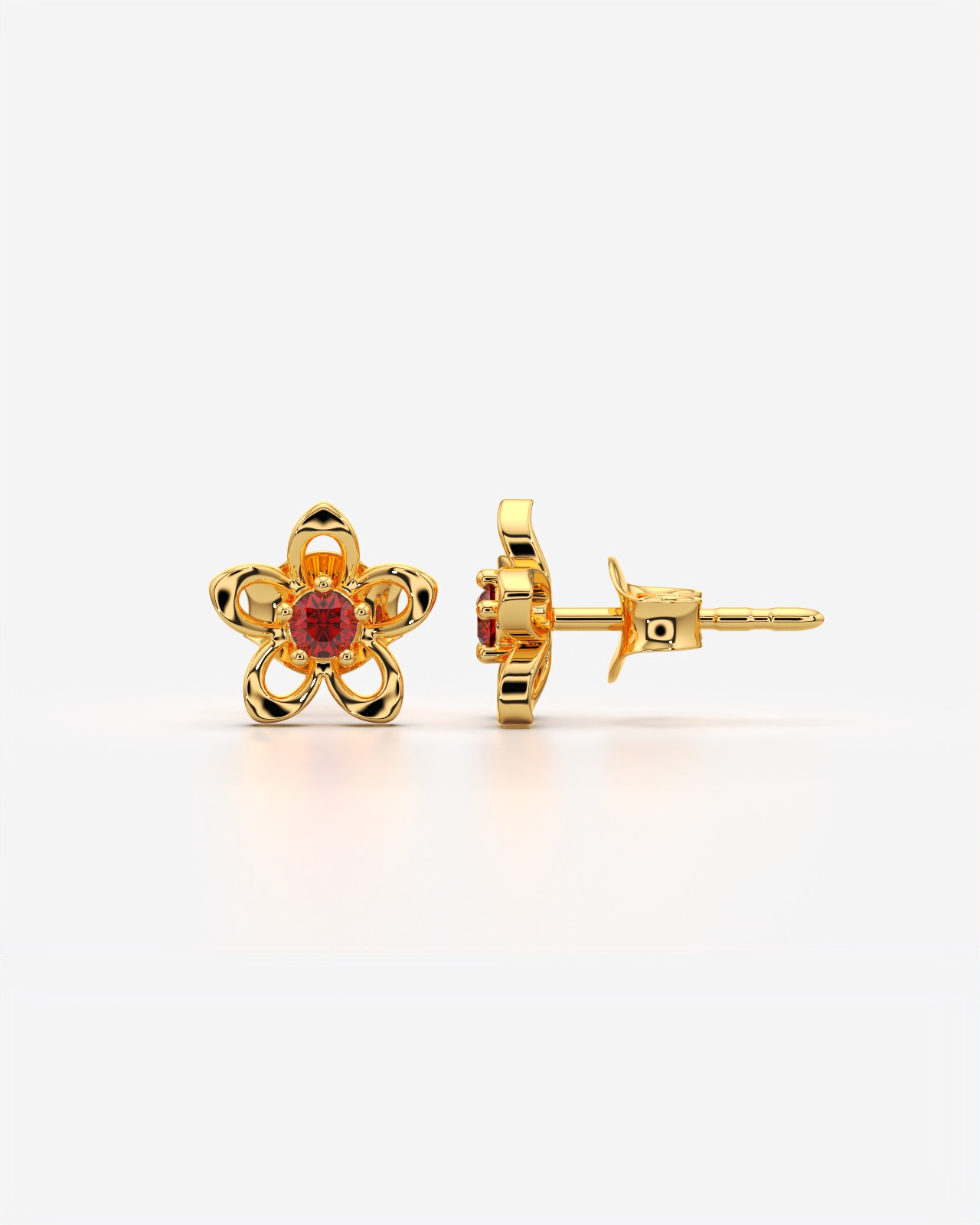 Blooming Flower Stud Earrings with Red Stone