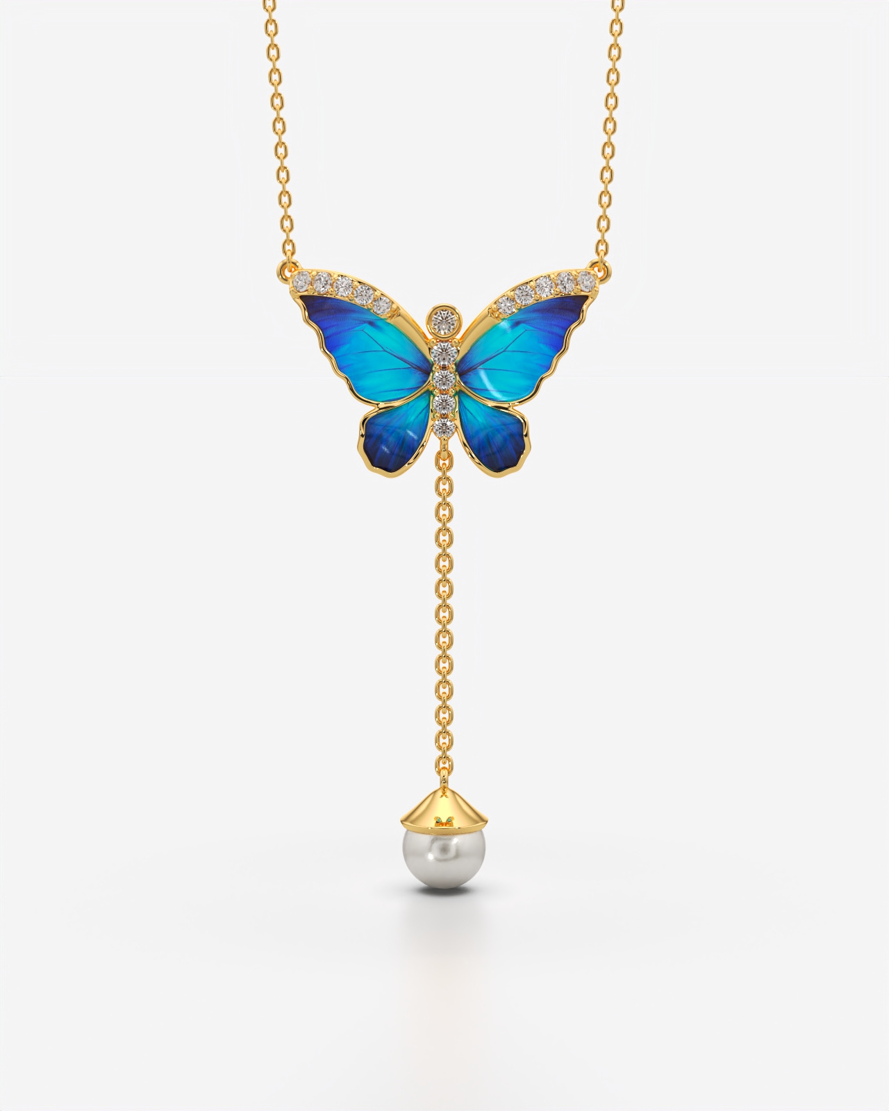 Butterfly Pearl Drop Lariat Necklace Pendant